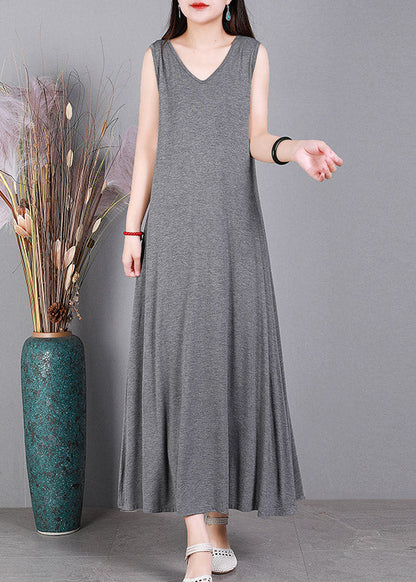 Loose Grey V Neck Cotton Cardigans and Dress Two Pieces Set Summer