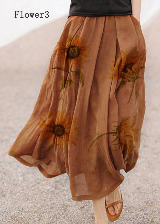 Retro Chocolate-flower1 Print Pockets Linen Skirt Summer