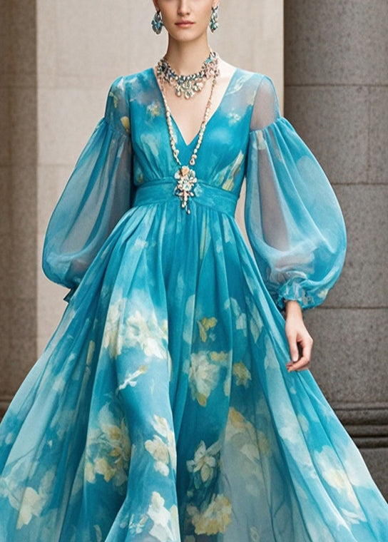 Blue Print Exra Large Hem Chiffon Dress Lantern Sleeve