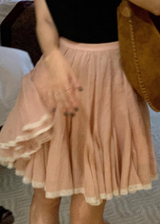 Simple Pink Lace Patchwork a Line Skirt Summer