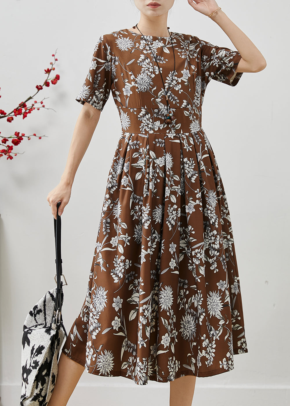Brown Print Silm Fit Cotton Long Dresses Summer