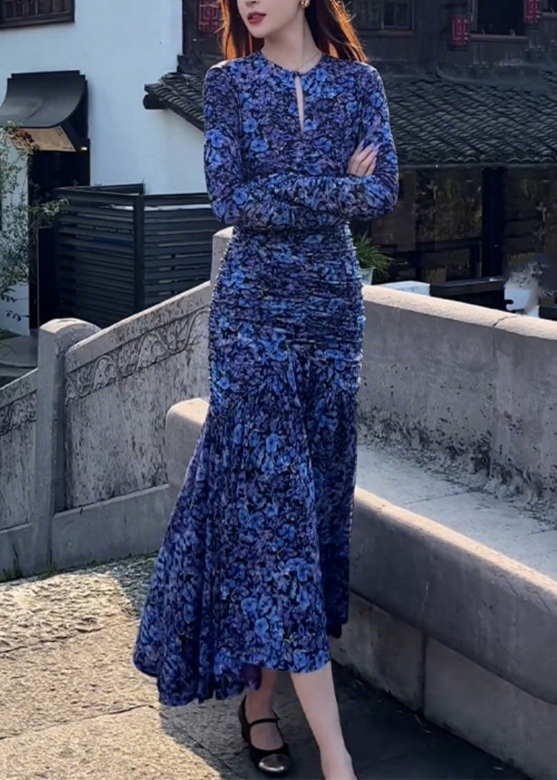 Slim Fit Blue O-neck Print Wrinkled Holiday Maxi Dress Spring