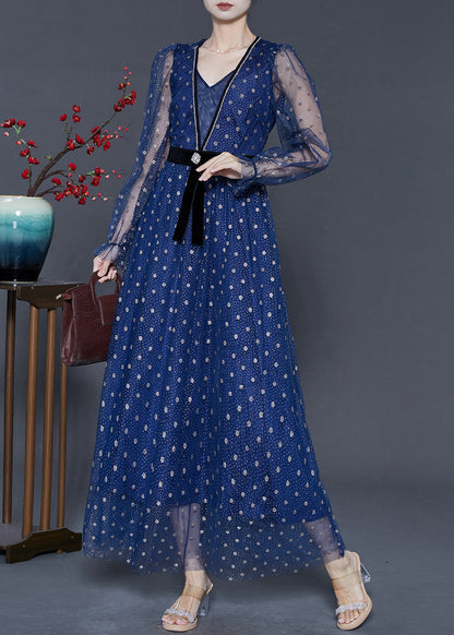 Blue V Neck Print Tulle Long Dresses Summer