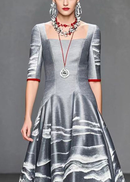 Grey Print Exra Large Hem Cotton Dress Half Sleeve