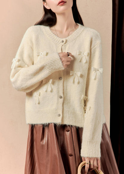 White Button Bow Patchwork Cotton Knit Sweaters Winter