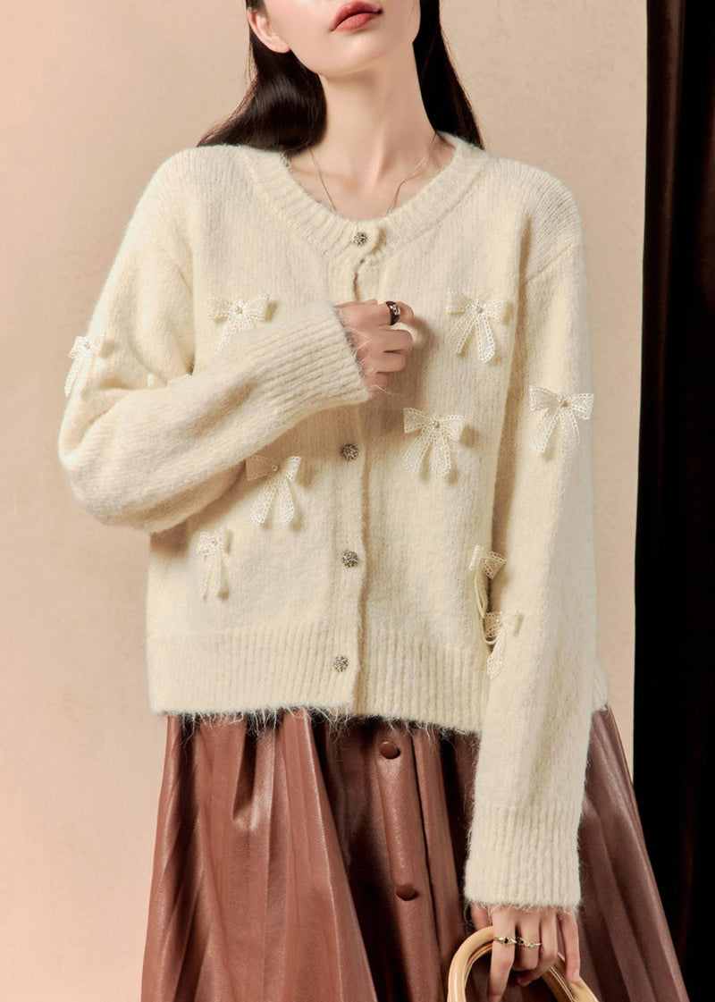 White Button Bow Patchwork Cotton Knit Sweaters Winter