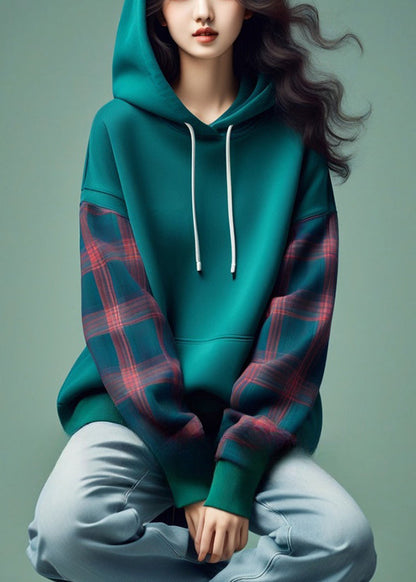 Blue Hooded Plaid Patchwork Cotton Sweatshirts Spring