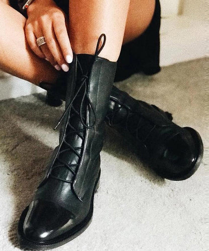 Black Faux Leather Cross Strap Splicing Boots