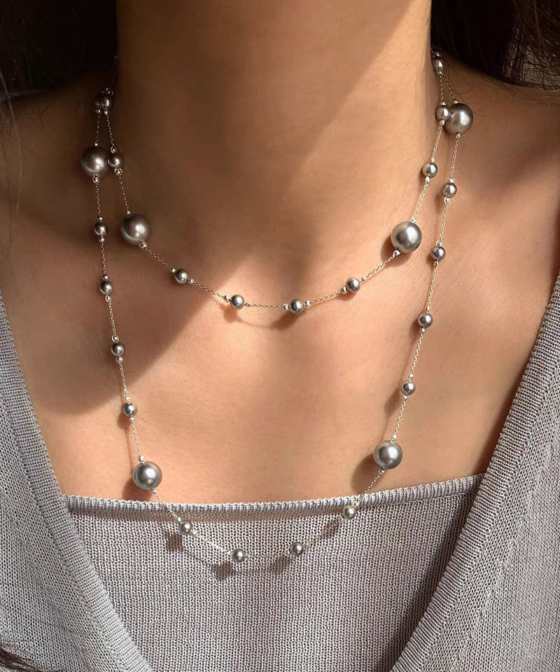 White Sterling Silver Overgild Pearl Sweaters Lariat Necklace