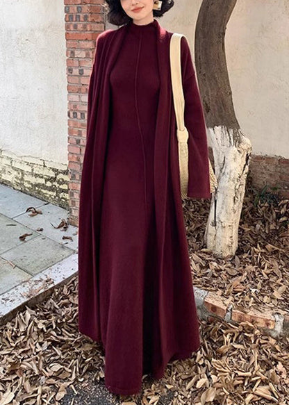 New Purple High Waist Coat and Dress Woolen Two Pieces Set Spring