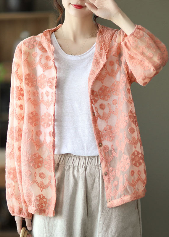 Loose Pink Embroidered Patchwork Lace Cardigans Long Sleeve