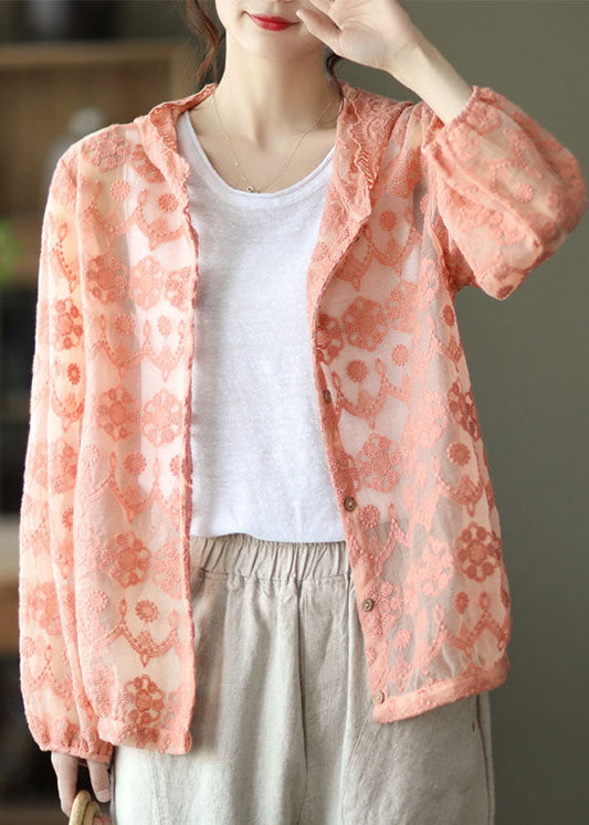Loose Pink Embroidered Patchwork Lace Cardigans Long Sleeve