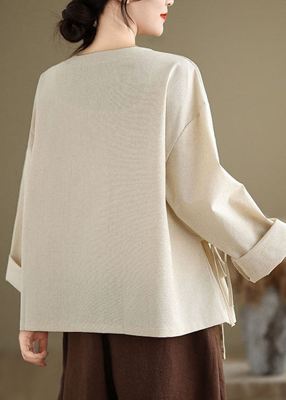 Beige O Neck Lace Up Patchwork Cotton Blouse Top Spring