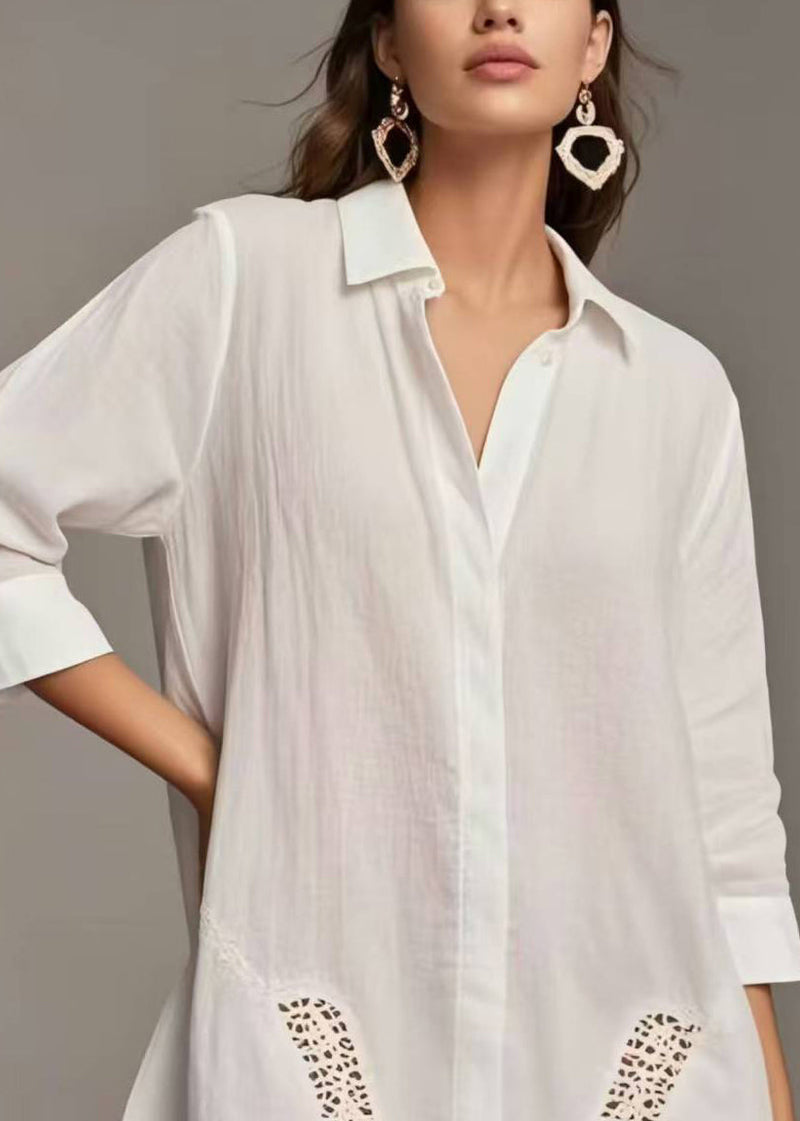 Simple White Peter Pan Collar Patchwork Lace Long Shirts Spring
