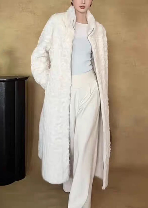 New White Stand Collar Zippered Wear on Both Sides Fuzzy Fur Long Coat Winter