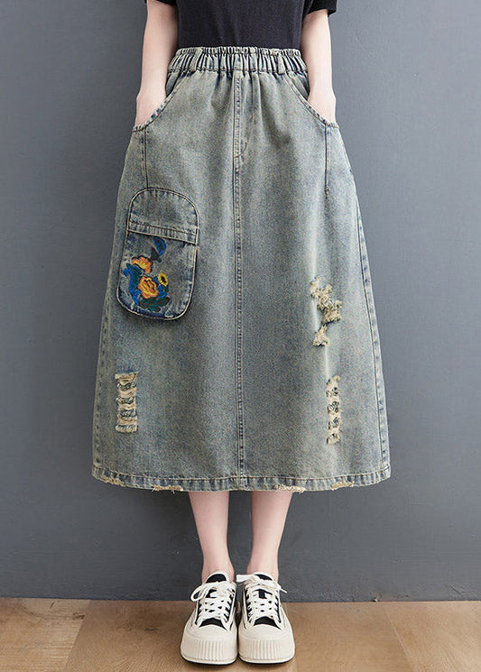 Denim Blue Hole Elastic Waist a Line Skirts Summer