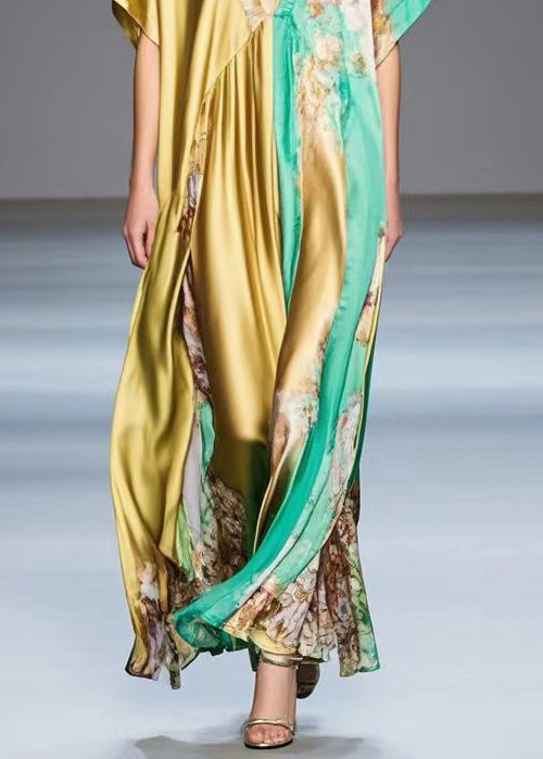 Golden Asymmetrical Design Print Silk Long Dress Summer