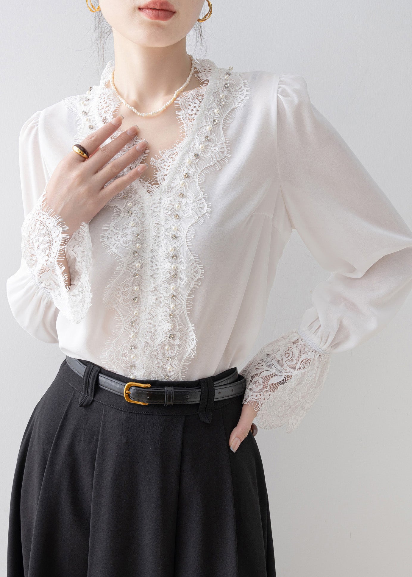 White V Neck Lace Patchwork Chiffon Top Spring