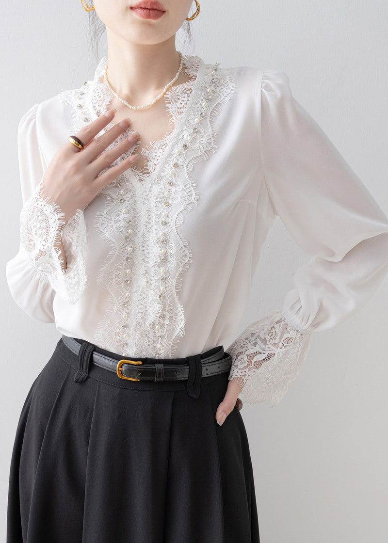 White V Neck Lace Patchwork Chiffon Top Spring
