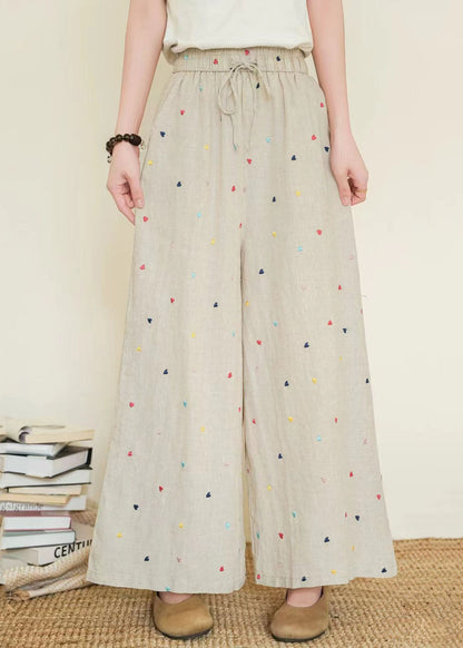 Black Embroidered Linen Wide Leg Pants Summer