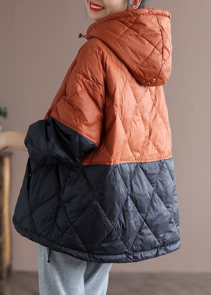 Orange Patchwork Black Hooded Loose Winter Down Coat