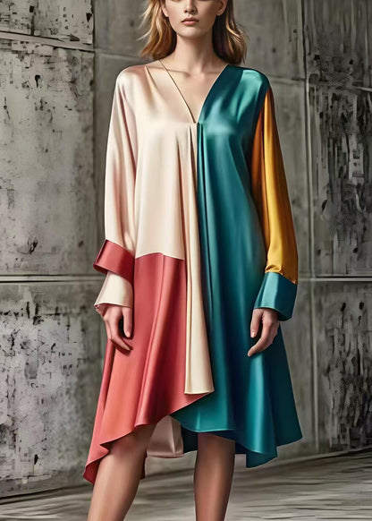 Asymmetrical Patchwork Silk Day Dress Spring