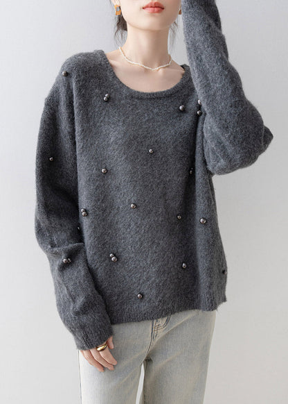 Grey O Neck Nail Bead Knit Sweater Spring