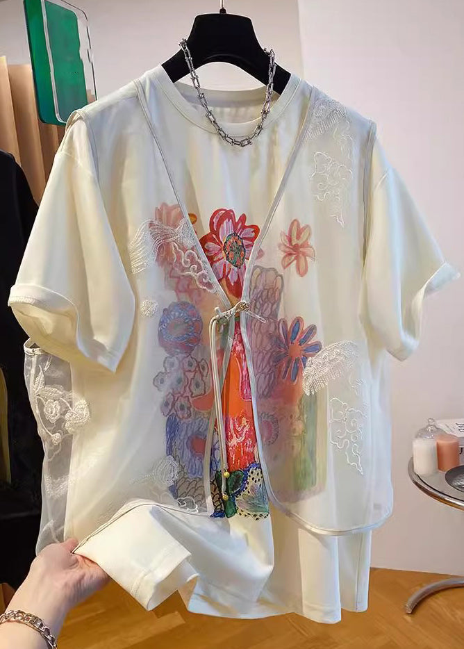 New Beige Tulle Waistcoat and Print T Shirt Two Pieces Set Summer