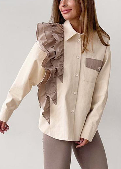 Apricot Ruffled Peter Pan Collar Ruffled Patchwork Shirt Spring