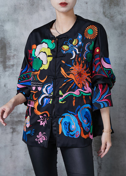 Black Embroidered Chinese Button Silk Coats Fall
