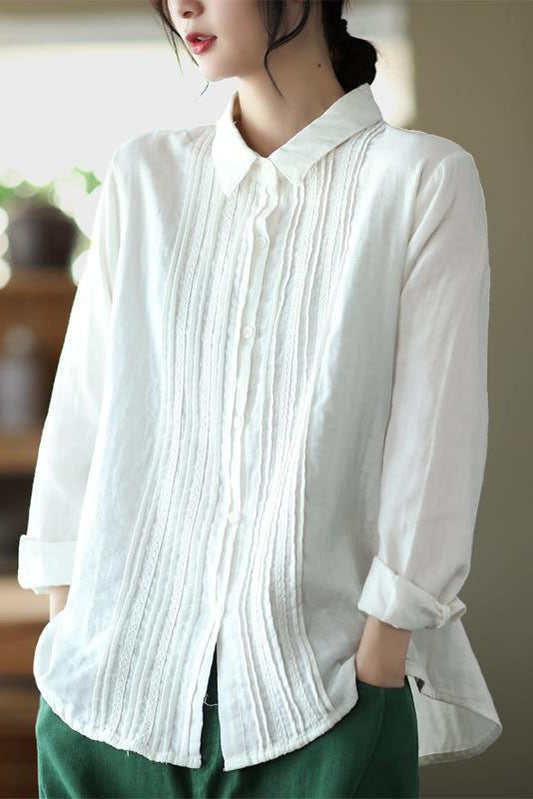 Spring Accordion Pleated Lace Cotton Shirt