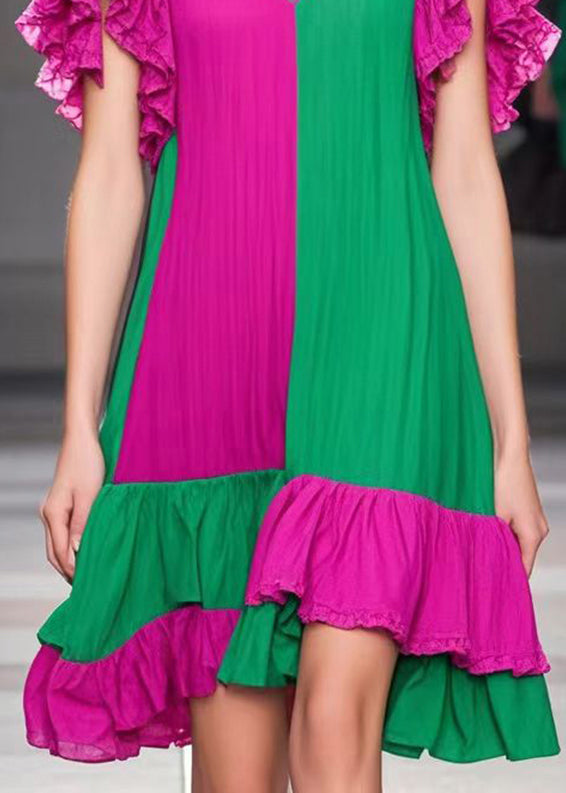 Colorblock V Neck Patchwork Cotton Tea Dress Butterfly Sleeve