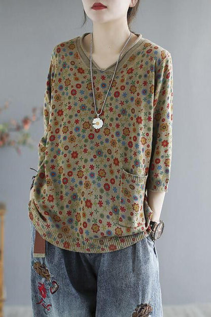 Spring Knitted Print Pocket Sweater