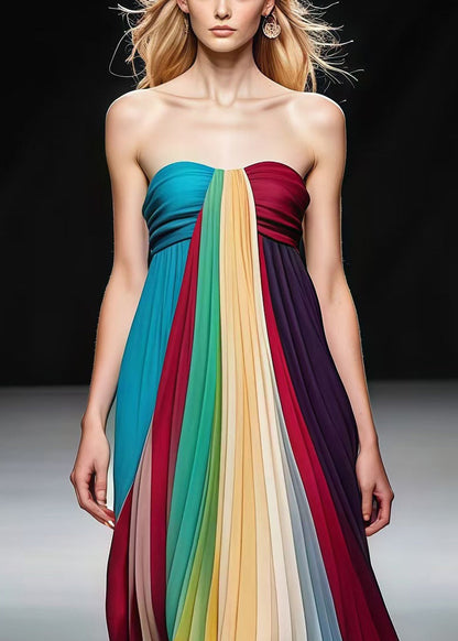 Multicolor Bustier Top Backless Chiffon Full Pleated Dress Summer