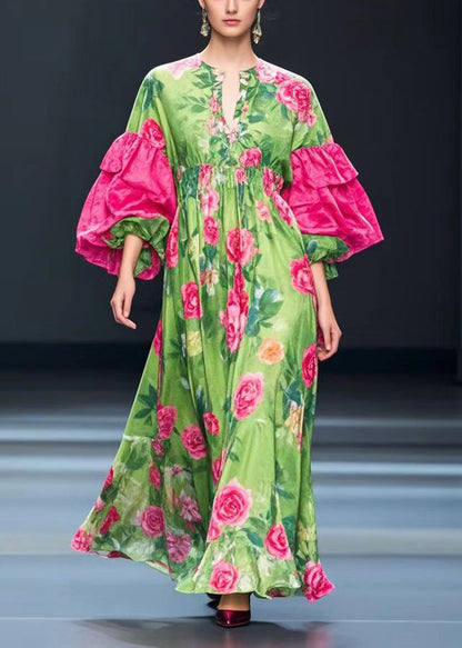 Fine Green Puff Sleeve Silk Velvet Maxi Dresses Fall