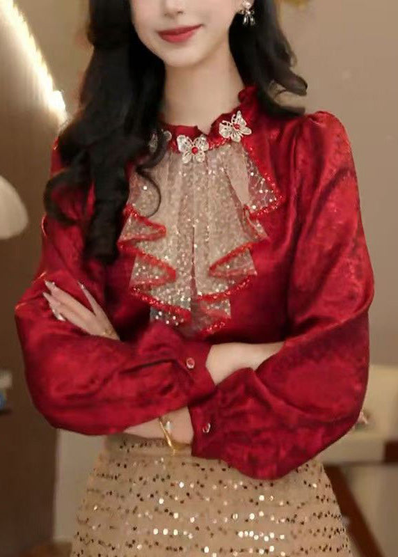 Red Ruffled Sequins Patchwork Silk Blouse Tops Fall