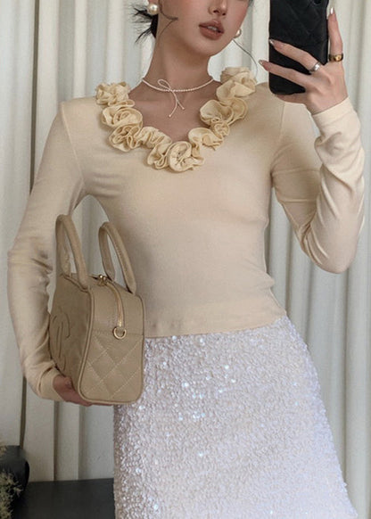 Apricot Ruffled Cotton T Shirt V Neck Spring