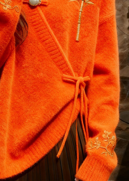 Orange V Neck Thick Cotton Knit Sweater Fall