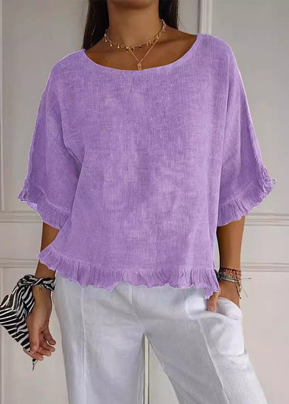 Apricot O-neck Ruffled Cotton Blouses Summer