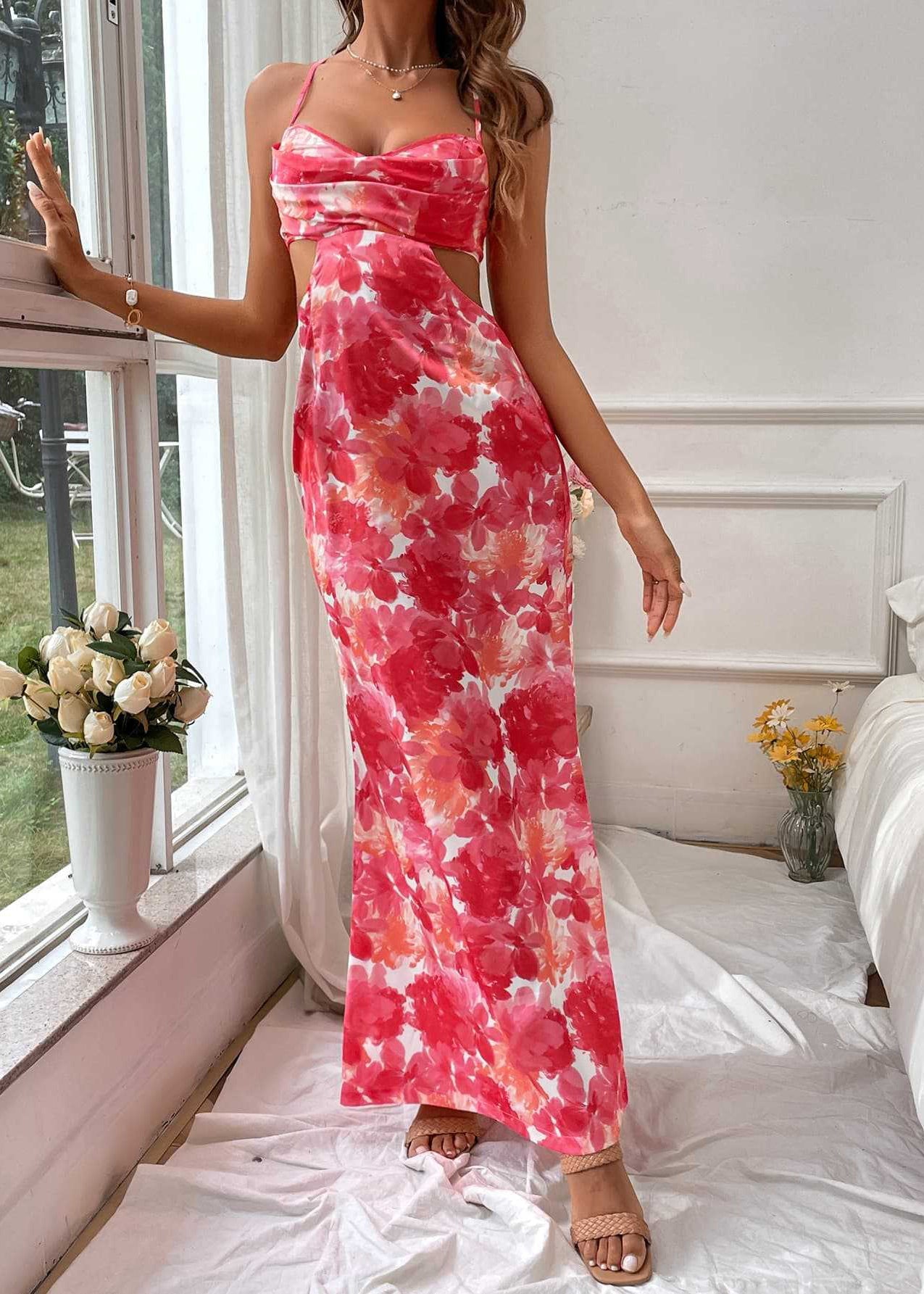 New Print Hollow Out Backless Long Dress Summer