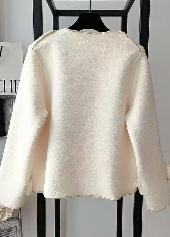 Beige O Neck Pockets Woolen Short Coat Fall