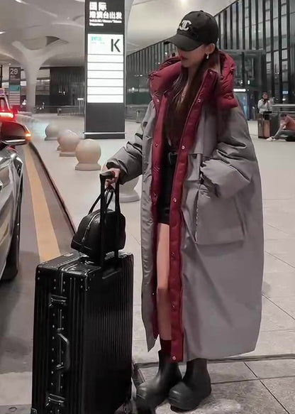 Stylish Grey Oversized Patchwork Duck Down Down Wear on Both Sides Trench Winter