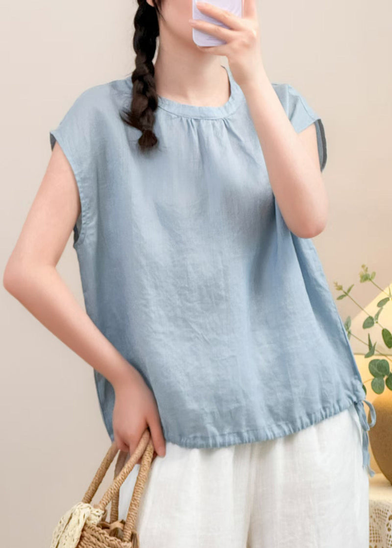 Blue Button Lace Up Linen Shirts Summer