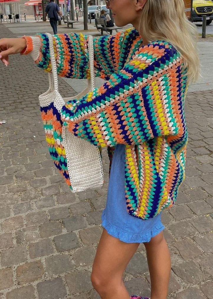 Rainbow V Neck Short Knit Cardigan Fall
