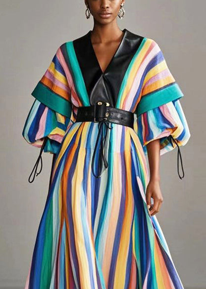 Rainbow Cinched Striped Cotton Holiday Dress Lantern Sleeve