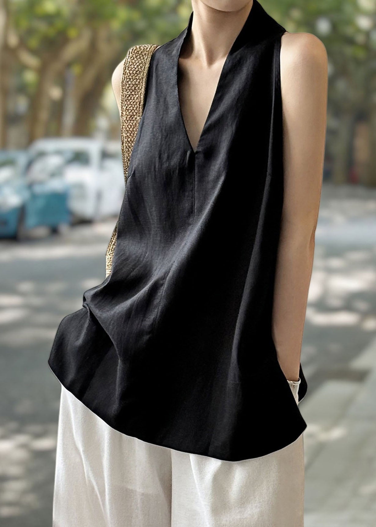 Black V Neck Linen Shirt Top Sleeveless