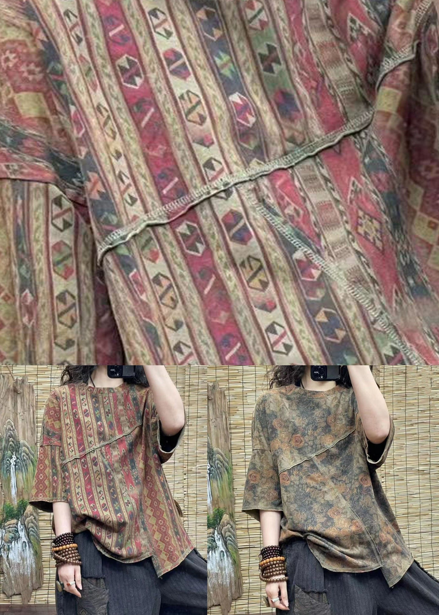 Green Print Patchwork Cotton T Shirt Top Asymmetrical Summer