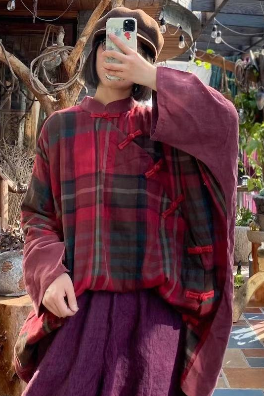 -retro Loose Cotton Linen Red Plaid Open Slant Tops