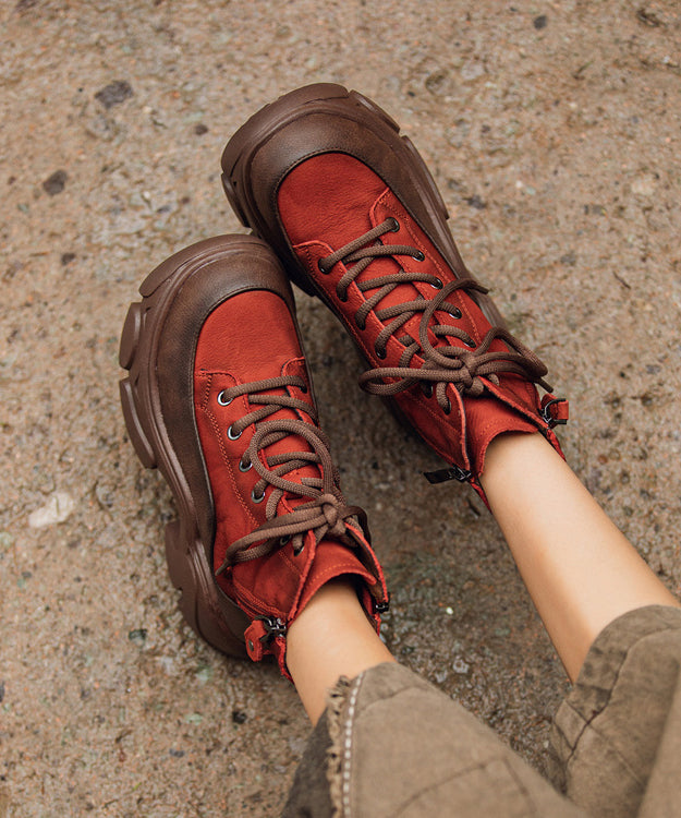 Lace Up Splicing Platform Boots Red Cowhide Leather