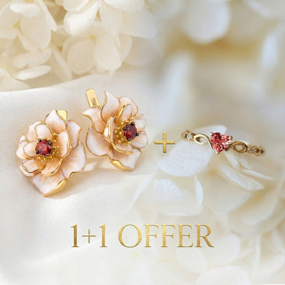 1+1 Offer: Zirconia Heart Ring + White Enamel Blossom Gold Earrings